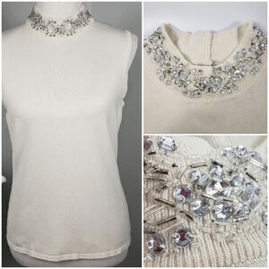 Style & Co White Silk w/ Silver & Clear Crystals Turtleneck sz Medium